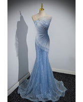 Stylish Mermaid Strapless Sequin Blue Scalloped Prom Dress AB1831
