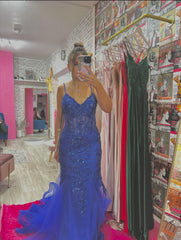 Sparkly Spaghetti Straps Royal Blue Mermaid Inspo Formal Party Gowns Long Prom Dress AB1705
