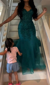 Dark Green Mermaid Tulle Lace Prom Dress Winter Gown Semi Formal Grad Long Prom Dress For Teens AB1994