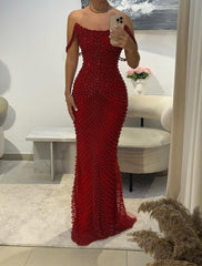 Hot Sale Red Beading Prom Dresses Sparkly Crystal Beads Off-the Shoulder Mermaid Semi Formal Grad Long Prom Dress For Teens AB1999
