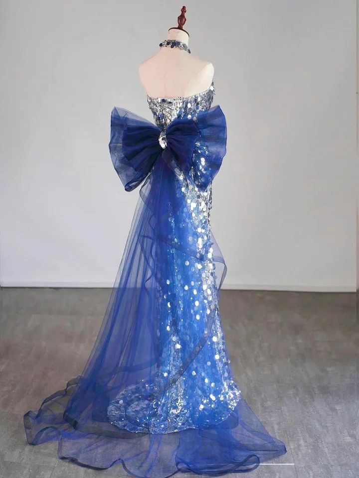 Glitter Silver Sequins Mermaid Evening Dress Long Prom Dress With Bow For Teenagers High Schools AB1931