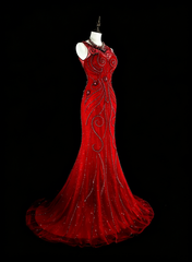 Vintage Mermaid Scoop Red Tulle 80s Evening Gowns Formal Birthday Dress Long Prom Dresses N1759