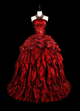 Modest Prom Dresses Ball Gown Halter Burgundy Taffeta With Ruffled Long Quince Dress N3067