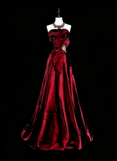Vintage A line Strapless Burgundy Satin 90s Evening Gowns Formal Birthday Dress Long Prom Dresses N1760