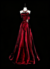 Vintage A line Strapless Burgundy Satin 90s Evening Gowns Formal Birthday Dress Long Prom Dresses N1760