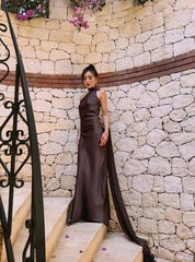 Vintage Mermaid High Neck With Scarf Satin Formal Dress Long Prom Dresses N2794