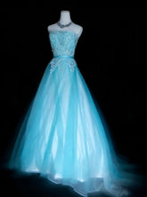 Pretty Prom Dresses Ball Gown Strapless Blue Tulle With Appliques Long Formal Dress N2953
