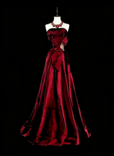 Vintage Prom Aesthetic Dresses A line Strapless Burgundy Satin With Beading Long Formal Dress N3065