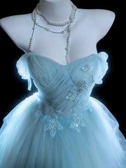 Modest Prom Dresses Ball Gown Off The Shoulder Light Sky Blue Tulle With Sleeves Long Quince Dress N3053