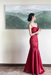 Romantic Mermaid Spaghetti Strap Burgundy Satin With Pleated Formal Dress Long Prom Dresses N2821