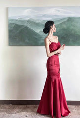 Romantic Mermaid Spaghetti Strap Burgundy Satin With Pleated Formal Dress Long Prom Dresses N2821
