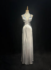 Vintage Prom Dresses 2000s A line Halter Silver Gray With Ruffle Long Prom Gown N3028