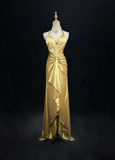 Vintage High Low 2000s A line Halter Gold With Pleated Formal Dress Long Prom Dresses N2585