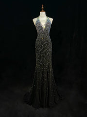 Vintage Mermaid 2000s Black Halter Formal Dress Long Backless Prom Dresses N2572