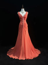 Vintage Prom Dresses 2000s Mermaid V Neck Orange Chiffon With Ruffled Beading Long Prom Gown N3093