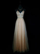 Vintage Prom Dresses 80s A line Spaghetti Strap Champagne Tulle Long Semi Formal Evening Outfits N3649