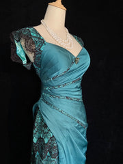 Vintage Prom Dresses Inspo Mermaid Sweetheart Blue With Black Lace Ruffled For Women Formal Dress N3248