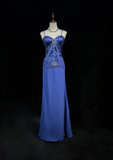 Vintage Prom Dresses 1960s Mermaid Spaghetti Strap Royal Blue With Beaded Cape Long Prom Gown N3118