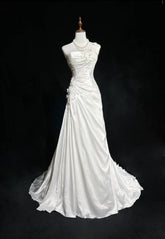 Vintage Prom Dresses Inspo Mermaid One Shoulder White Satin 80s With Lace Formal Gowns N3380