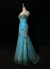 Vintage Prom Dresses Inspo Mermaid Straps Tulle Blue Long 1990s With Lace Appliqued Formal Gowns N3360