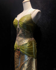 Modest Prom Dresses Inspo Mermaid Spaghetti Strap Green Chiffon With Beaded 80s Long Formal Gowns N3409