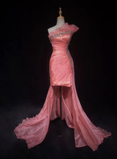 Vintage Prom Dresses Inspo Sheath One Shoulder Pink 80s With Beading Short Formal Gowns N3385