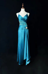 Vintage Prom Dresses Inspo Mermaid Spaghetti Strap Blue Satin 80s With Beaded Formal Gowns N3353