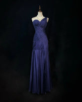 Dreamy 90s Prom Dresses Mermaid One Shoulder Navy Blue With Pleated Formal Evening Outfits N3836