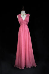Vintage Prom Dresses Inspo A line V Neck Pink Chiffon With Folded For Women Formal Dress N3257