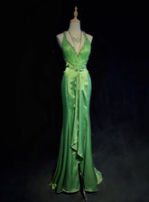 Beautiful Prom Dresses Mermaid Halter Green Satin With Ruffled Beading Long Evening Outfits N3382