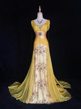 Modest Prom Dresses Mermaid V Neck Yellow Chiffon With Beading Gold Lace Long Formal Evening Dress N3867