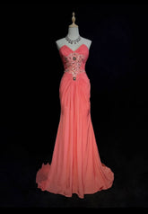 Vintage Prom Dresses 1980s Mermaid Sweetheart Chiffon Coral Long With Pleated Beading Evening Outfits N3129