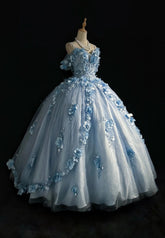 Beautiful Prom Dresses Ball Gown Off The Shoulder Tulle Blue With Appliqued Long Formal Gown N2926