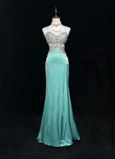 Classy Prom Dresses Mermaid Spaghetti Strap Backless Tiffany Blue Chiffon With Beaded Long Formal Evening Outfits N3708