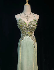Elegant Chic Prom Dresses Mermaid Halter Green Satin Backless Sleeveless With Beading Semi Formal Evening Gowns N3799