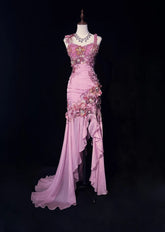Elegant Sheath Spaghetti Strap Pink Chiffon With Beaded Bodice Formal Dress High Low Prom Dresses N2736