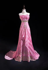 Vintage Prom Dresses Spaghetti Strap Mermaid Pink With Gold Lace Long Formal Evening Outfits N3862