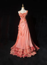 Vintage Prom Dresses 1980s Mermaid Sweetheart Satin Coral Long With Pleated Beading Evening Outfits N3130