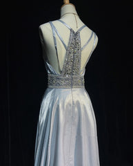 Modest Prom Dresses A line Spaghetti Strap Grey Satin Long Formal Evening Outfits N3617