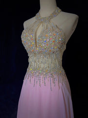 Vintage Prom Dresses Inspo A line Halter Pink Chiffon Beading With Backless For Women Formal Dress N3256