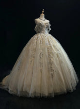 Glamour Prom Dresses Ball Gown Off The Shoulder Champagne With Flowers Formal Evening Outfits N3799