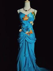 Modest Prom Dresses Mermaid Spaghetti Strap Blue Chiffon Sleeveless With Leaf Formal Evening Dress N3841