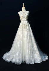 Modest Prom Dresses A line V Neck White Tulle Lace Sleeveless Long Formal Evening Outfits N3618