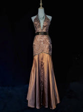 Princess Prom Dresses Mermaid V Neck Brown With Lace Beading Evening Long Dress N3293