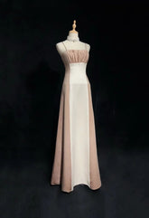 Elegant A Line Spaghetti Strap Chamapgne Ivory Satin Formal Dress Long Prom Dresses N2723