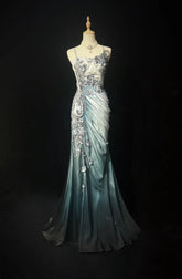 Vintage Prom Aesthetic Dresses Gradient Colors Mermaid Spaghetti Strap Chiffon With Beading Long Formal Dress N3037