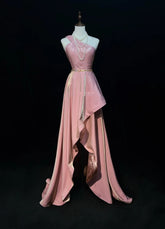 Vintage Prom Dresses 1960s A Line One Shoulder Pink High Low Satin Prom Gown N3101