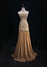 Vintage Prom Dresses 1960s Mermaid Strapless Gold Lace Long Prom Gown N3103