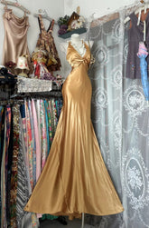 Vintage Mermaid V Neck Gold Backless Satin Sleeveless Formal For Women Girls Teens Prom Dresses N2254
