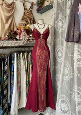 Elegant Fairy Mermaid Spaghetti Strap Burgundy Lace Evening Gowns Formal Birthday Party Prom Dresses N1703